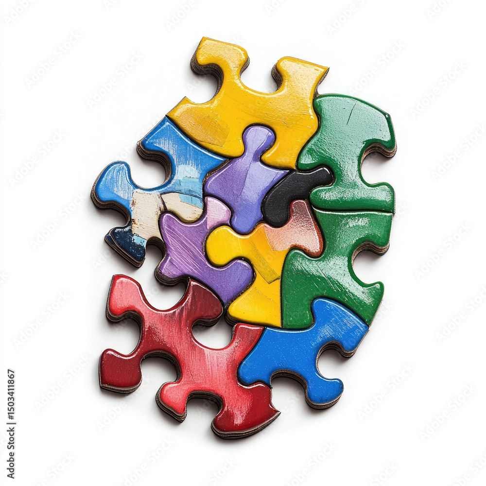 Obraz premium Colorful puzzle pieces clustered together, partially assembled, against a white background