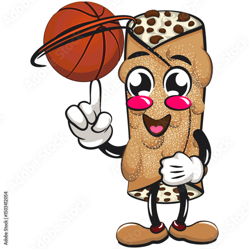 cute cannoli vektor illustration mascot character spin the basketball with the index finger, work of hand drawn