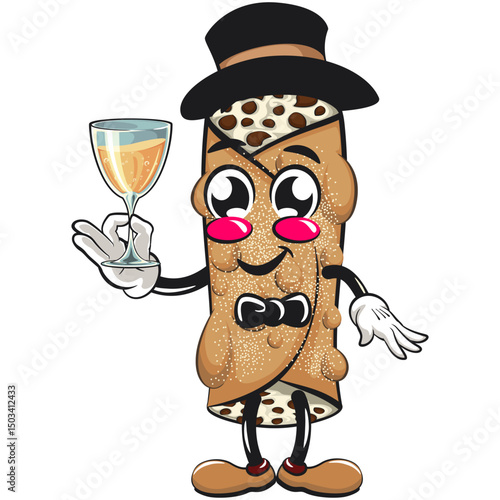 cute cannoli vektor illustration mascot character wearing hat and bow tie raising a wine glass, work of hand drawn