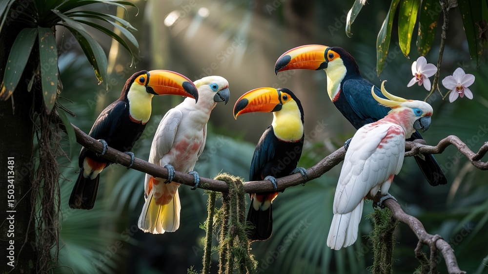 Several exotic toucans and cockatoos perch peacefully on a mossy branch amidst lush foliage Several exotic toucans and cockatoos perch peacefully on a mossy branch amidst lush foliage