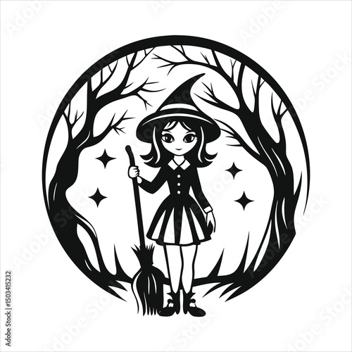 Enchanted schoolgirl witch in uniform holding mag