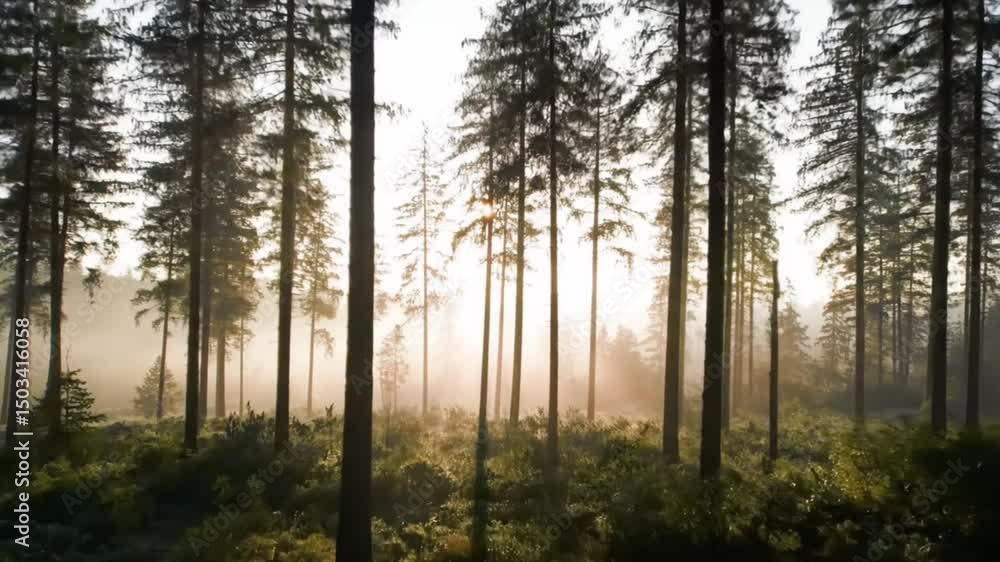 Sunrise Mist Forest Tall Trees, Golden Light, Peaceful Nature Sunrise Mist Forest Tall Trees, Golden Light, Peaceful Nature