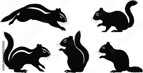 Chipmunk & Squirrel Silhouette Collection: Striped Chipmunks & Bushy-Tailed Squirrels in Various Poses. Woodland Rodent Vector Icons. AI Generative

