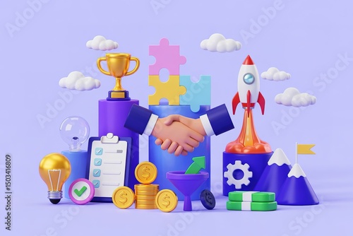 Two cartoon hands in suits shake over business elements, suggesting a successful partnership or collaboration