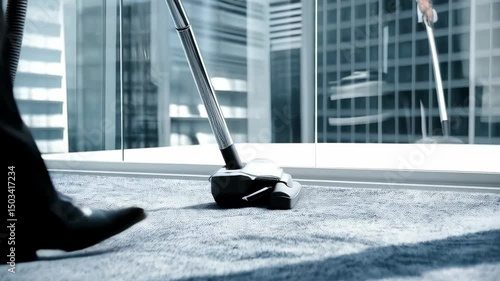 Wallpaper Mural Person using vacuum cleaner on carpet in modern office with cityscape seen through glass window. Cleaning service tidying the floor in interior. Torontodigital.ca