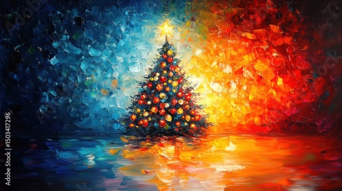 Fototapeta Naklejka Na Ścianę i Meble -  Impressionistic painting of a Christmas tree with vibrant colors.