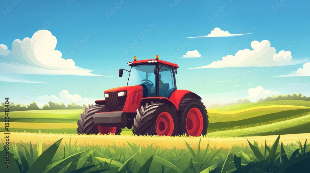 Fototapeta premium Red tractor in a grassy field under a blue sky