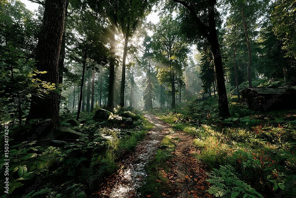 Obraz premium Forest Path with Sunlight Filtering Through the Trees