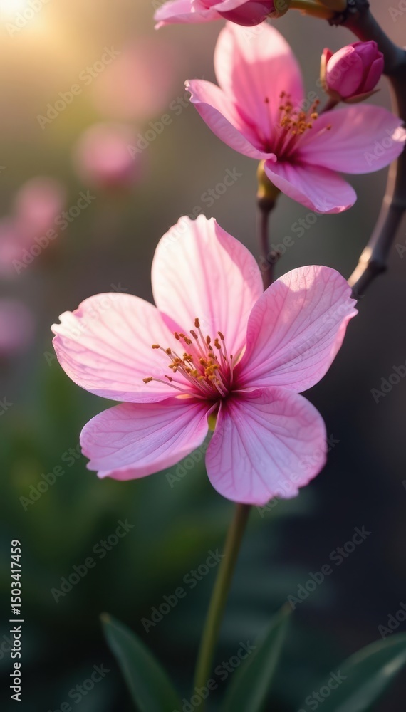 Fototapeta premium Delicate pink blossom unfolds, serene garden corner , gentle, delicate, image