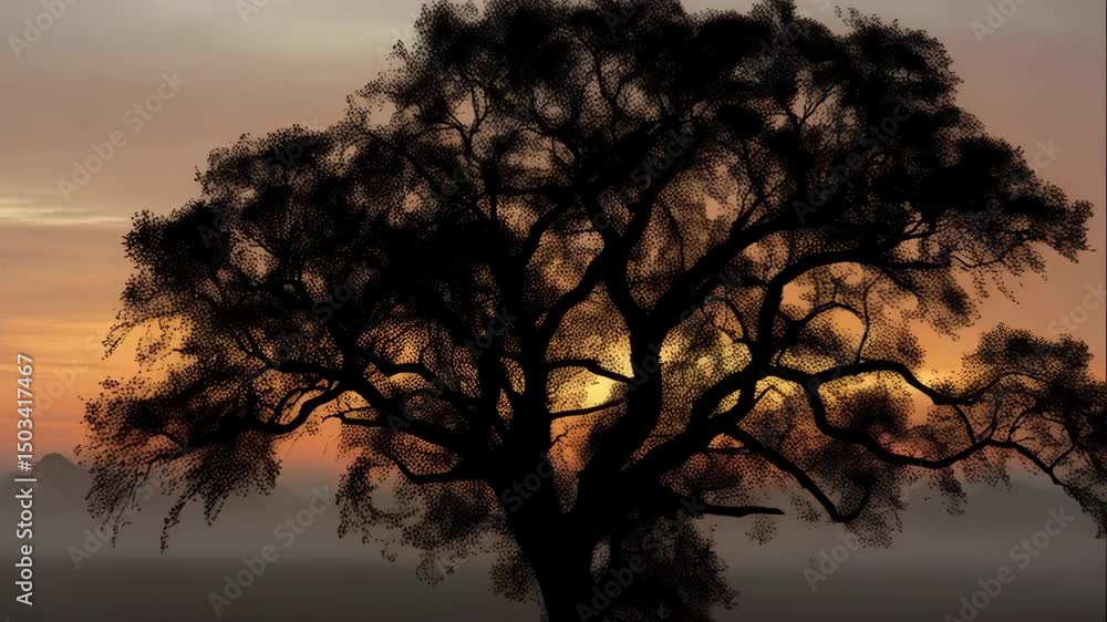 Solitary tree silhouette against a vibrant sunrise with colorful warm sky and ground fog adding depth to the scenic landscape. Solitary tree silhouette against a vibrant sunrise with colorful warm sky and ground fog adding depth to the scenic landscape.