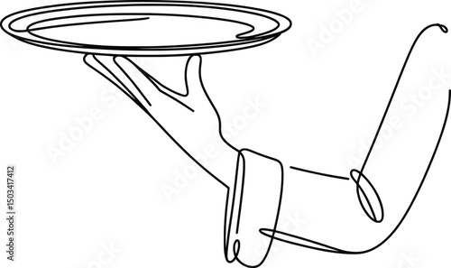 Elegant Waiter Hand Holding Serving Tray Line Art Illustration
