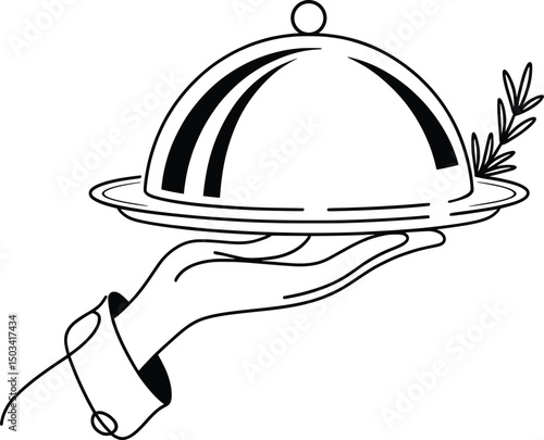 Elegant Hand Holding Cloche with Garnish Line Art Illustration