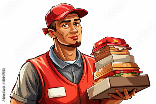 Boxes with fast food being carried vector by delivery man in uniform for one of clients in white isolated background