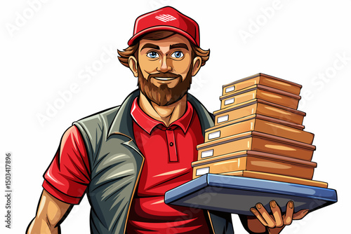 Boxes with fast food being carried vector by delivery man in uniform for one of clients in white isolated background