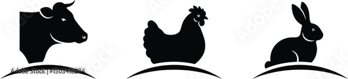 Farm Animal Silhouette Icon Trio: Cow Head, Chicken & Rabbit on Arcs. Food & Agriculture Symbols. AI Generative
