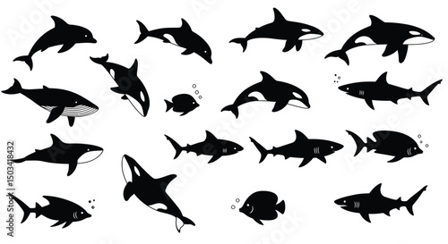 Diverse Marine Life Collection: Orcas (Killer Whales) with Markings, Dolphin & Shark Silhouettes, Whale, Fish with Bubbles. Sea Animal Vector Icons Set. AI Generative
