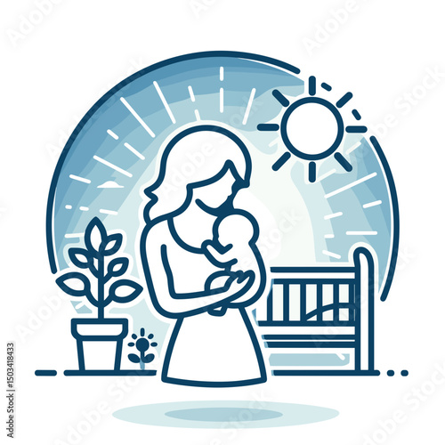 Mother holding baby in bright nursery with sunlight and plants - Concept of mandala  
