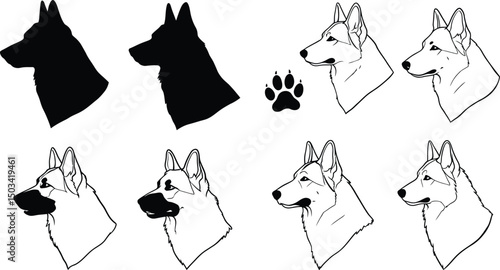 German Shepherd Dog Head Collection: Silhouettes & Outlines with Paw Prints & Bones. Canine Pet Vector Icon Set. AI Generative
