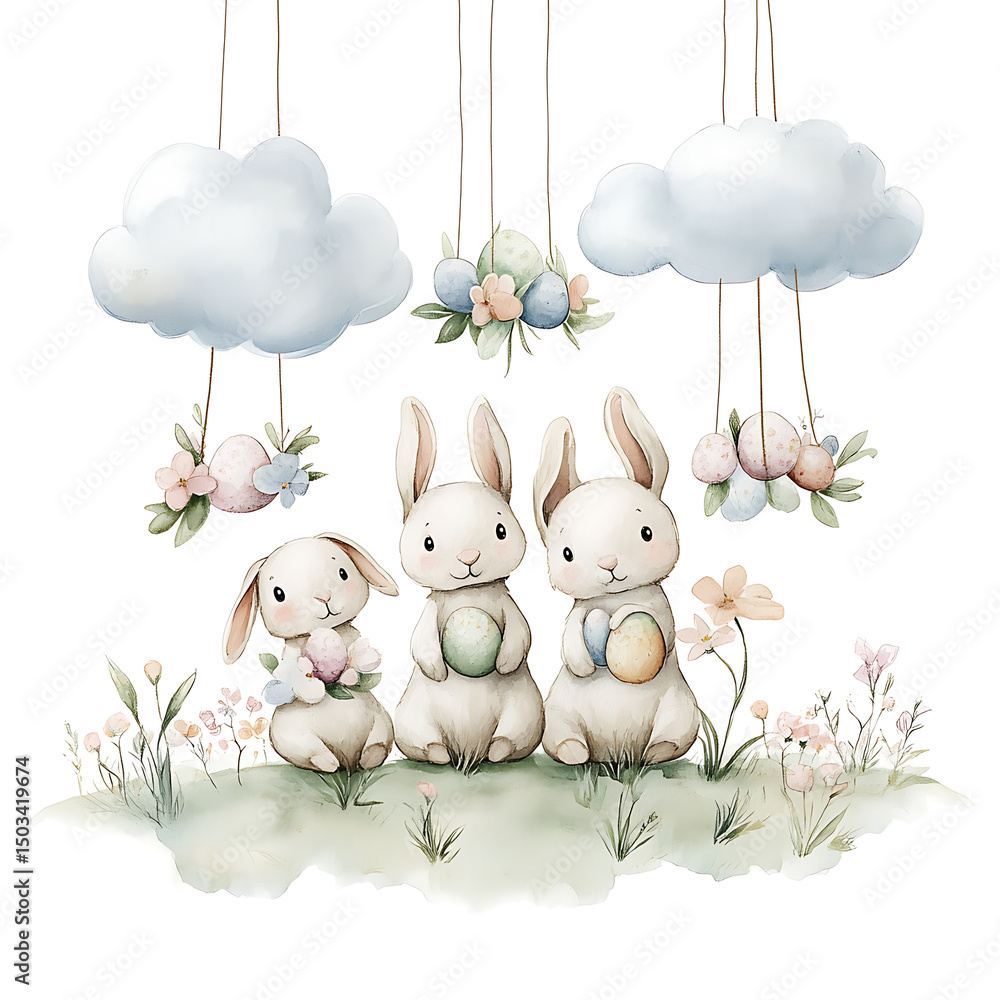 Obraz premium Easter bunnies with eggs, and spring clouds.