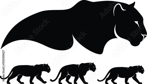 Stylized Black Panther Silhouette Set: Large Head Profile & Three Walking Prowling Big Cats. Wild Feline Vector Icons. AI Generative
