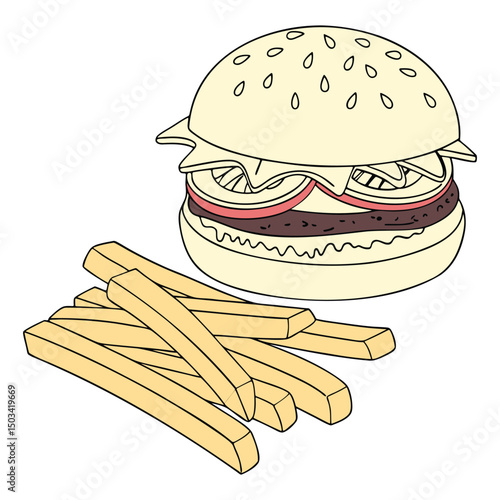 Minimal Burger and Fries Combo Vector in Line Style