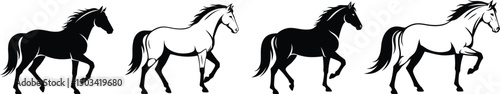 Set of Four Elegant Trotting Horses: Two Black Silhouettes & Two White Outlines. Equine Vector Collection for Design. AI Generative
