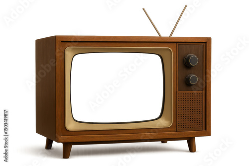 Vintage television set, wooden frame with retro design, a nostalgic piece highlighting mid-century decor style, copy-space available. Isolated on white background or PNG