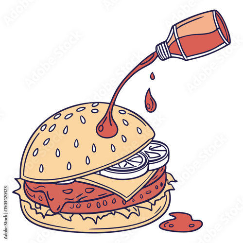Burger with Ketchup Drip in Outline Flat Vector Art