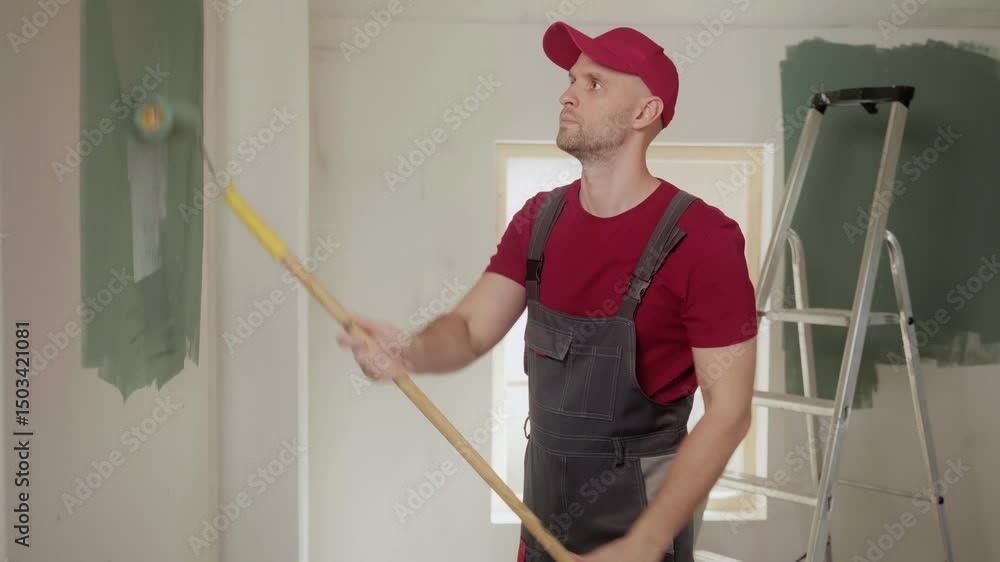 Professional painter wearing a red t shirt and a cap painting a wall with green paint using a long roller and looking up during a home renovation Professional painter wearing a red t shirt and a cap painting a wall with green paint using a long roller and looking up during a home renovation