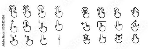 Collection of hand gestures illustrating various touch and swipe commands for user interfaces and mobile devices