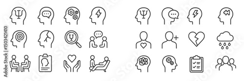 Mental health icon set featuring various symbols and representations of psychological concepts, conversations, and emotions