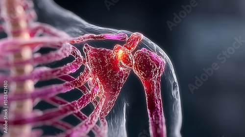 High definition view of inflamed shoulder joint visible tendon damage representing rotator cuff tear from overhead athletic movement
