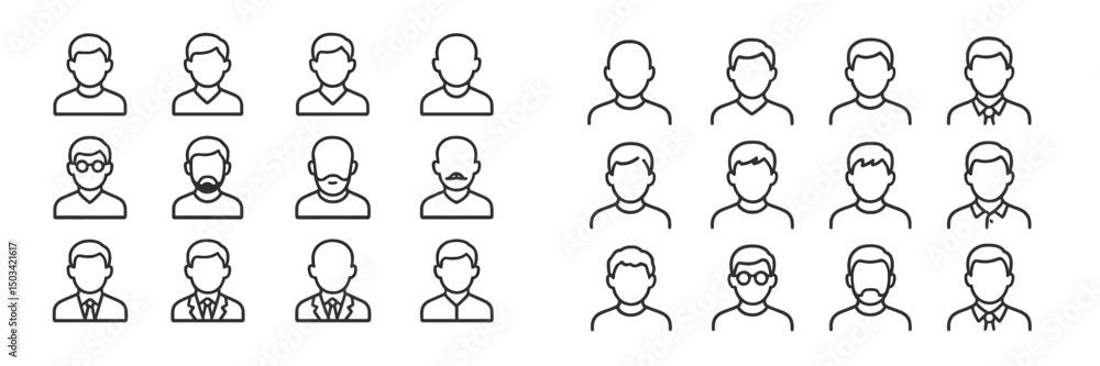 Diverse group of illustrated male faces showing various hairstyles and facial hair styles in a grid layout Diverse group of illustrated male faces showing various hairstyles and facial hair styles in a grid layout