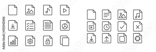 Multiple simple document icons representing various multimedia and file types displayed in a grid layout on a white background
