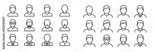 Diverse group of illustrated male faces showing various hairstyles and facial hair styles in a grid layout