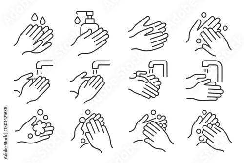 Step-by-step handwashing process demonstrating proper hygiene techniques in a simple and clear design