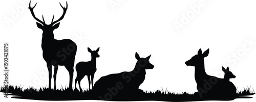 Deer Family Silhouette: Stag, Doe & Fawns in Grass, Wildlife Scene. AI Generative
