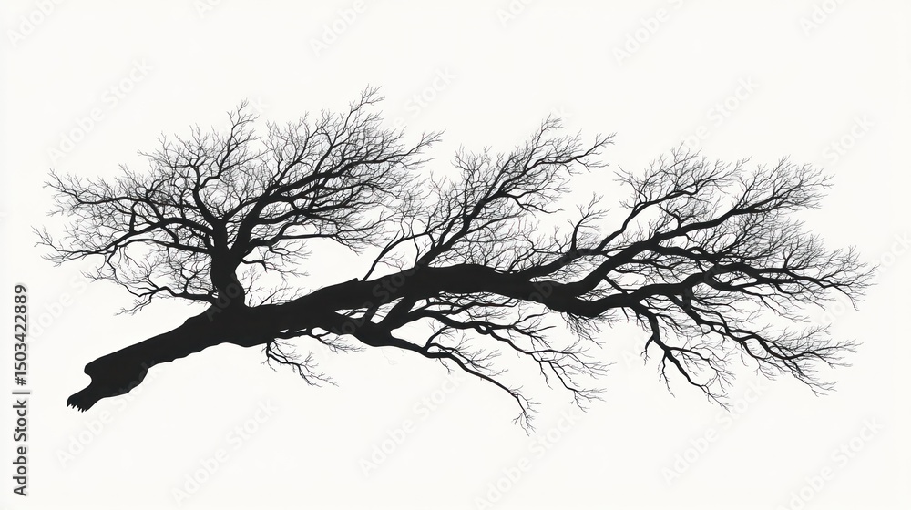 Obraz premium Silhouette of a sprawling, leafless tree branch against a stark white background, showcasing intricate details of the gnarled wood and reaching branches.