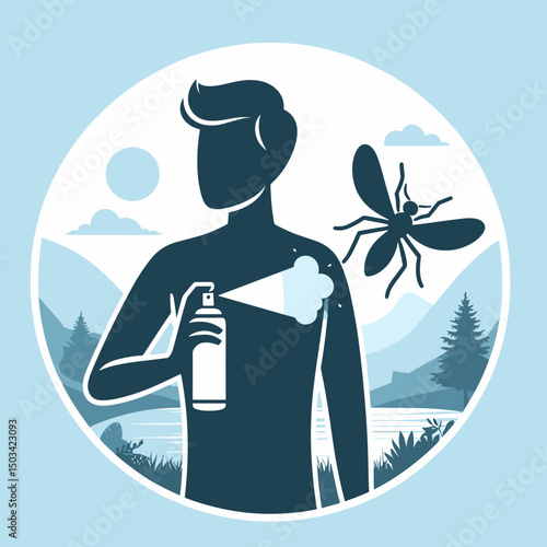 Man applying insect repellent spray outdoors in nature against mountains  