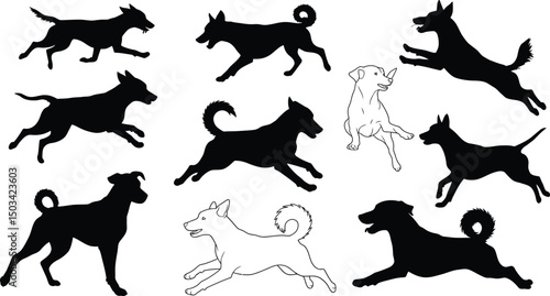 Dynamic Dog Silhouettes & Outlines: Action Packed Canine Running & Jumping Graphics Set. AI Generative
