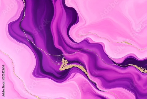 Vibrant abstract flowing light pink and dark purple hues with delicate gold accents, Generative AI