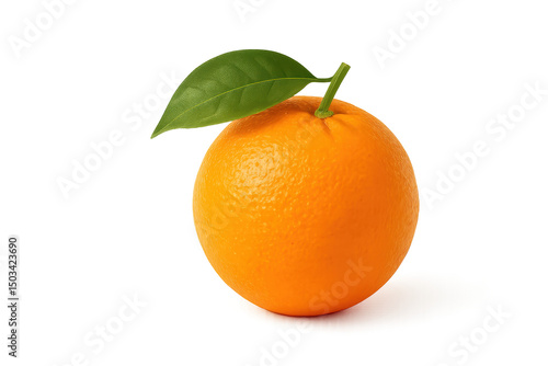 Vibrant orange fruit with green leaf, fresh citrus close-up, ideal for healthy eating themes, copy-space for text. Isolated on white background or PNG