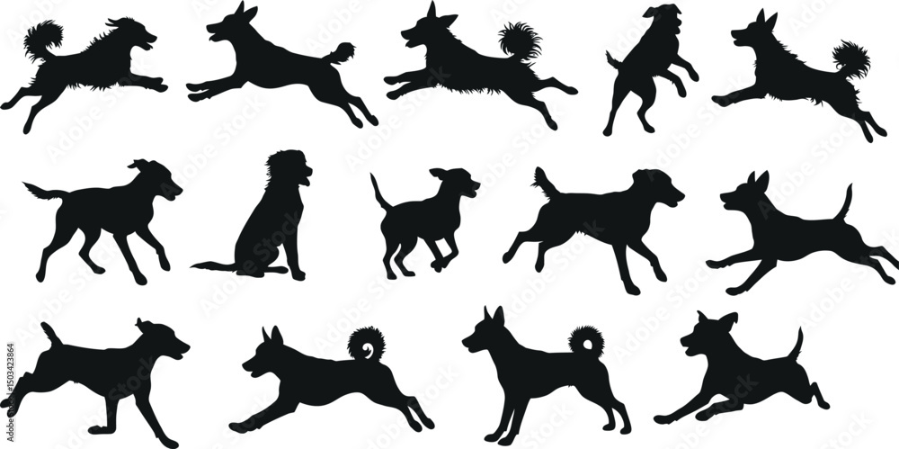 Obraz premium Diverse Dog Breed Silhouettes Collection: Running, Standing & Sitting Canine Action Icons. AI Generative 