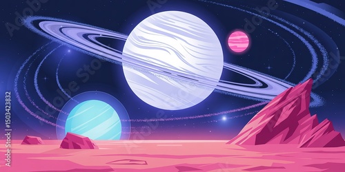 A pink alien landscape reveals multiple planets floating in a beautiful, starlit cosmic expanse