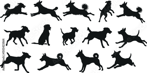 Diverse Dog Breed Silhouettes Collection: Running, Standing & Sitting Canine Action Icons. AI Generative
