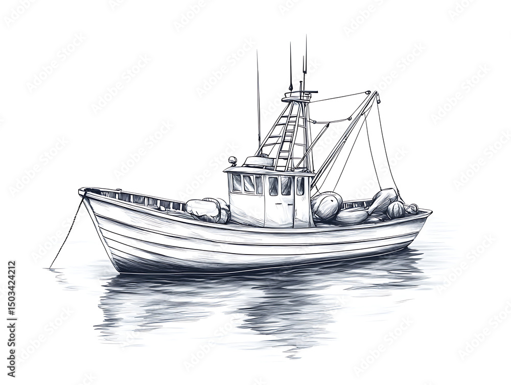 Fishing boat sketch with ocean, and calm sea. Fishing boat sketch with ocean, and calm sea.