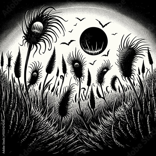 Abstract floral design in black and white with moon and birds - Concept of mandala  