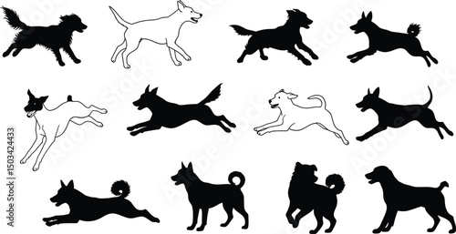 Diverse Dog Silhouettes & Outlines: Running, Standing Breeds, Canine Action Icon Set. AI Generative
