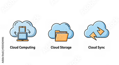 Vector icons of cloud computing, cloud storage, and cloud sync.