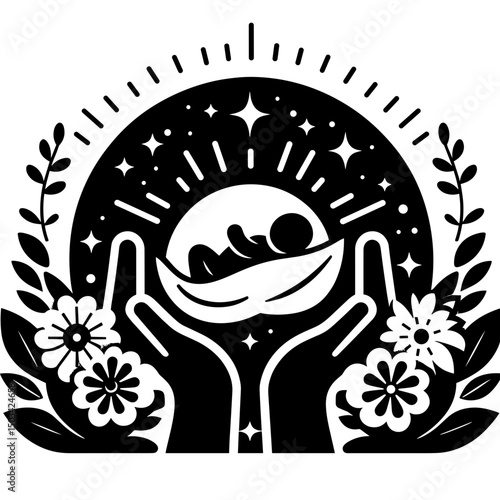 Hands holding a baby in a boat surrounded by flowers and stars, concept of mandala  